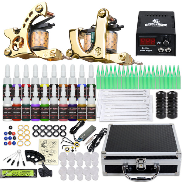 Complete Tattoo Kit 2 Machines Power Supply Disposable Needles Tips Inks Carry Case D3026