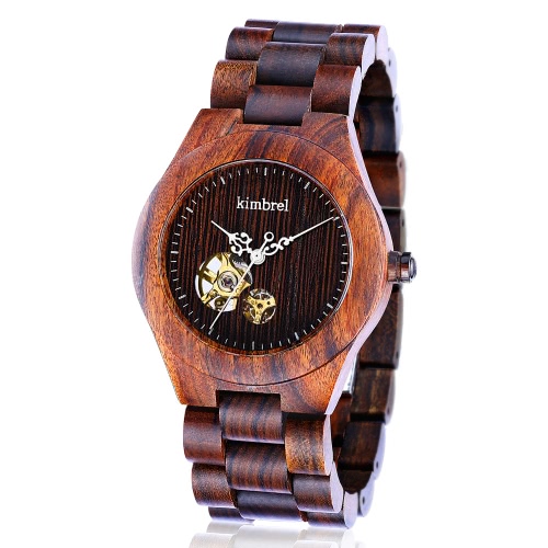 Kimbrel de moda estilo de los hombres de las mujeres unisex de madera de madera de sándalo mecánico automático de cuerda automática del reloj del reloj resistente al agua 10m
