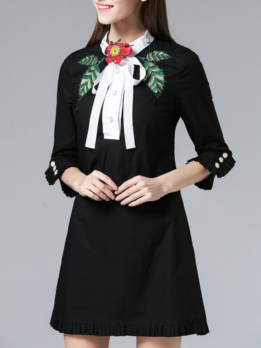 Girly Cotton Embroidered 3/4 Sleeve Shirt Collar Shirt Dress