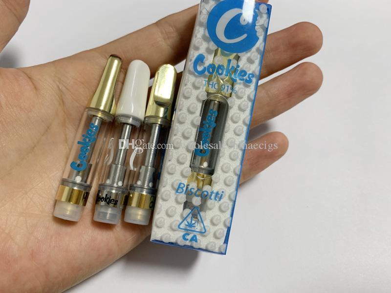 Factory Price Cookies Carts 0.8ml 1.0ml Gold Ceramic Coil Vape Cartridge TH205 Thick Oil Glass Tank 510 Cartridges For Preheat Battery