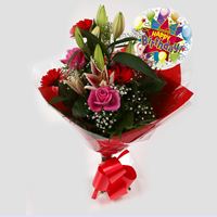 Birthday Balloon & Pink Oriental Bouquet-FREE DELIVERY