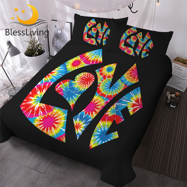 blessliving love bedding set hippie retro duvet cover 3 pieces bohemia colorful letters comforter cover set tie dye bedclothes