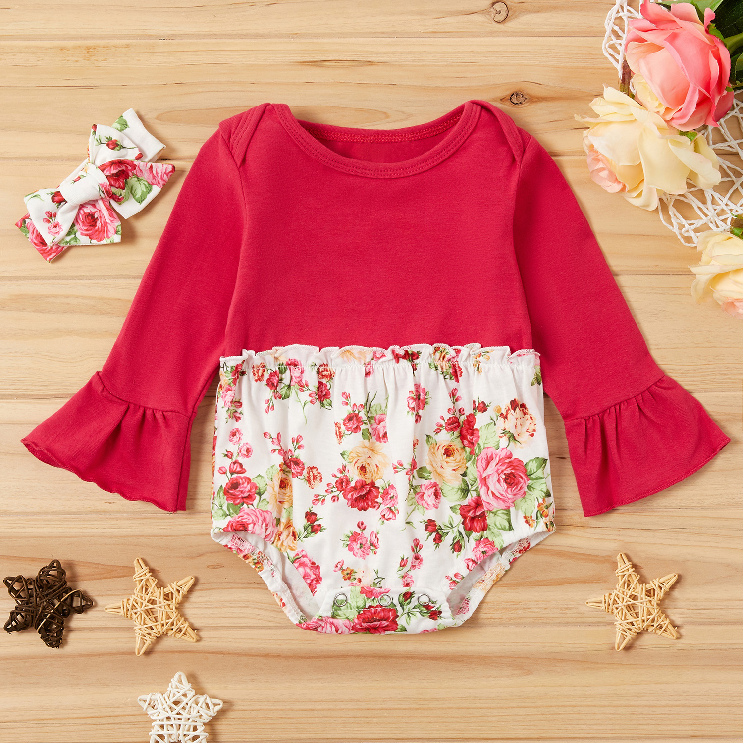 2-piece Baby Pretty Splice Floral Print Romper with Headband Set