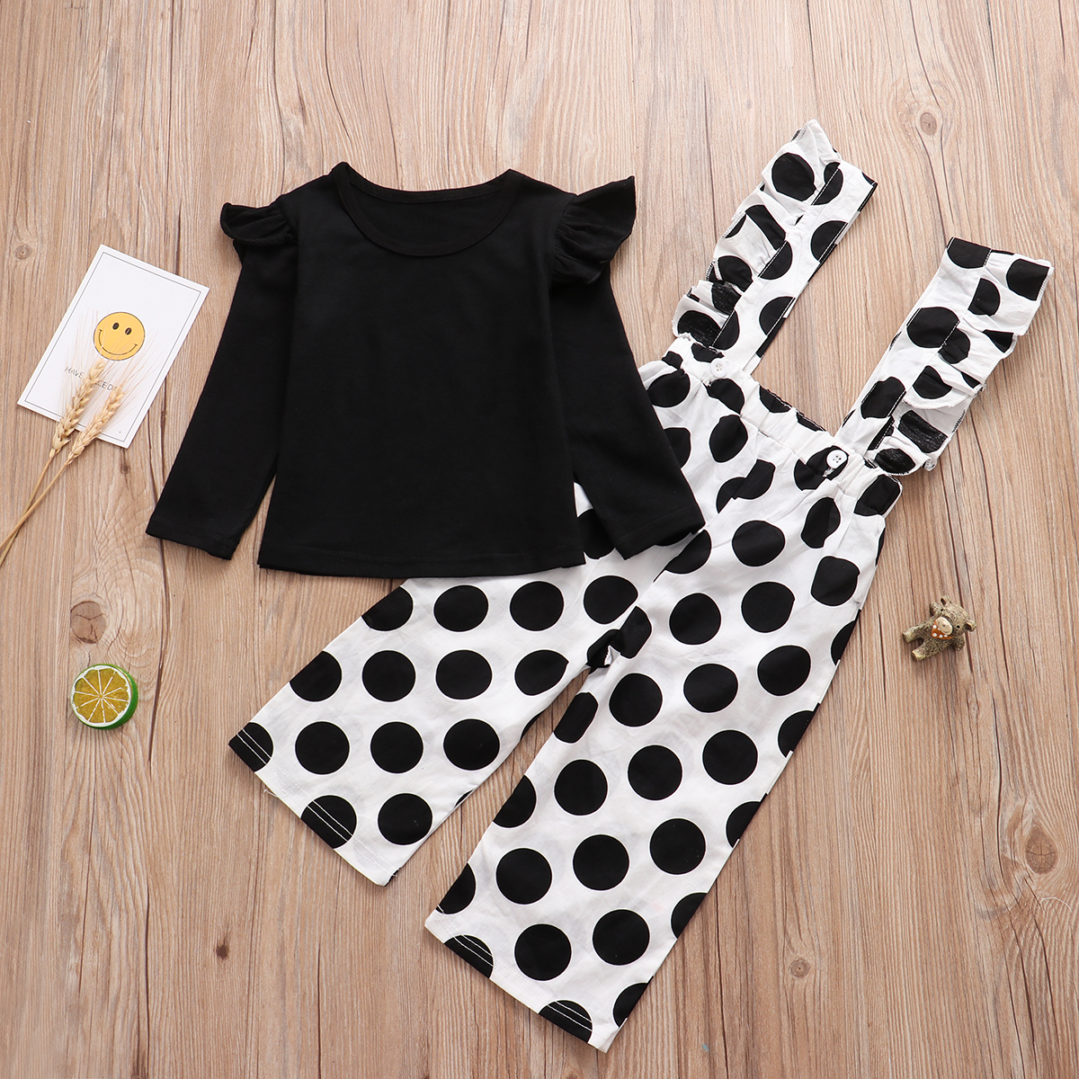 Baby / Toddler Solid Flutter-sleeve Top and Polka Dots Overalls Set