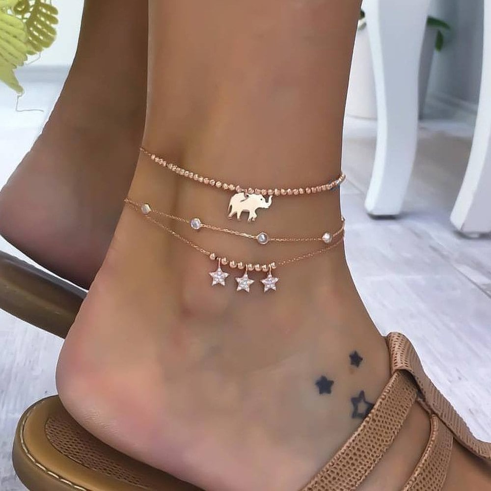 3 Pieces Alloy Elephant Pendant Beads Star Diamond Multi-layered Anklets