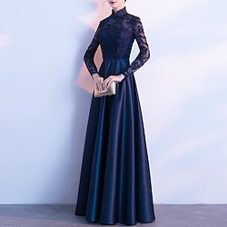 A-Line Chinese Style Vintage Prom Formal Evening Dress Stand Collar Long Sleeve Floor Length Satin with Pleats Appliques 2022 Lightinthebox