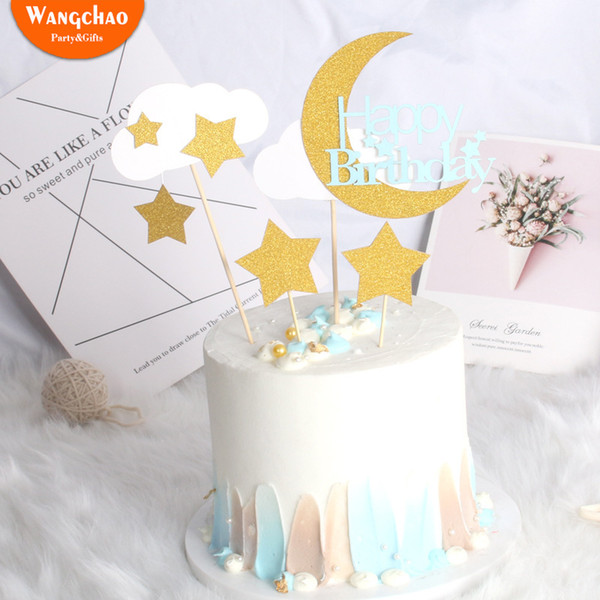 1set glitter paper dreaming little stars moon cloud cake er kids happy birthday diy cake decoration supplies baby shower