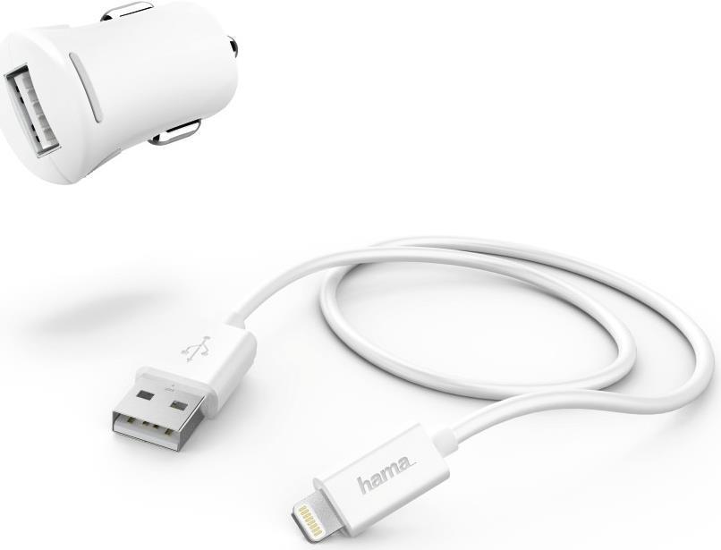 Hama Car Charging Kit - Auto-Netzteil - 2,4 A (USB) - auf Kabel: Lightning - weiß - für Apple iPad/iPhone/iPod (Lightning) (00183266)
