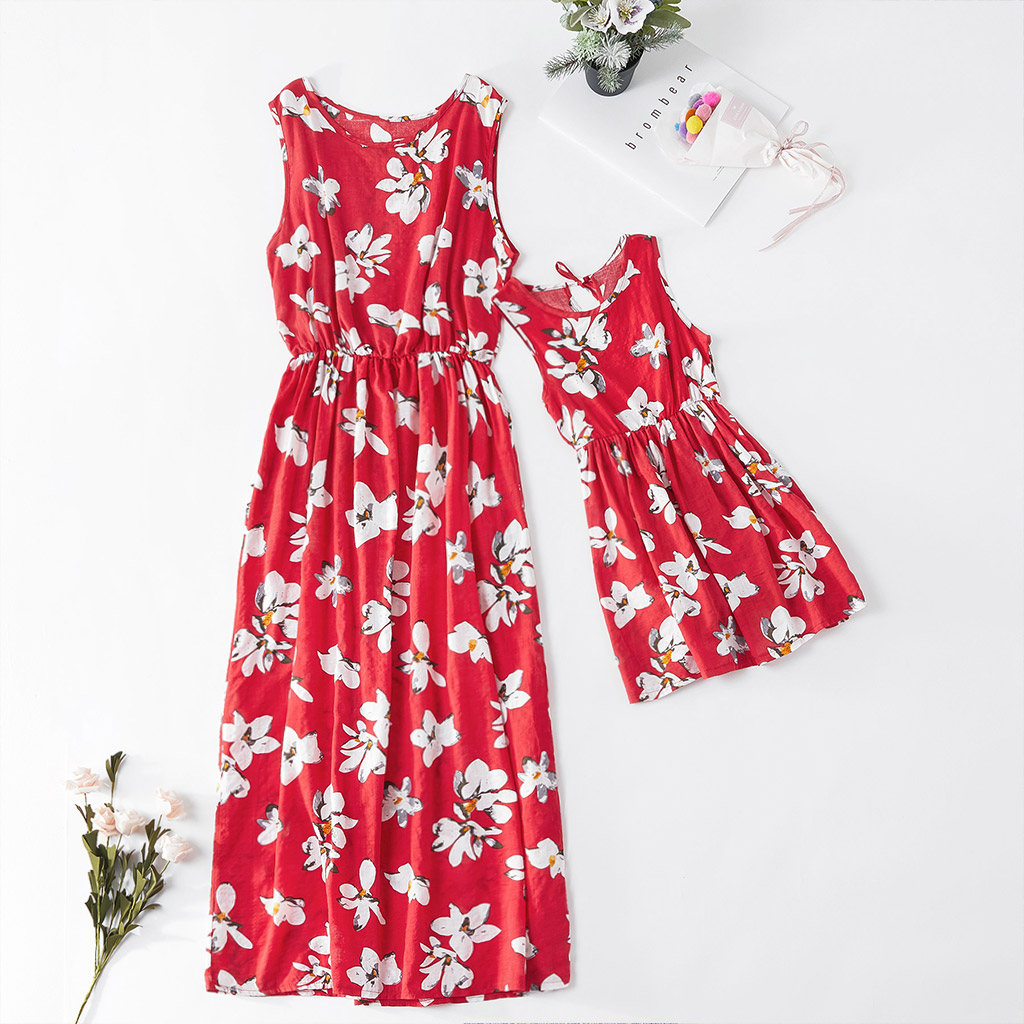 Flower Print Red Dresses for Mommy and Me