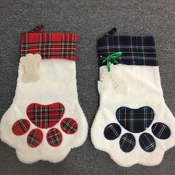 4 Styles Large Fluffy Christmas Stocking Pet Dog Plaid Paw Santa Socks Snowflake Xmas Tree Pattern Christma Decoration 08