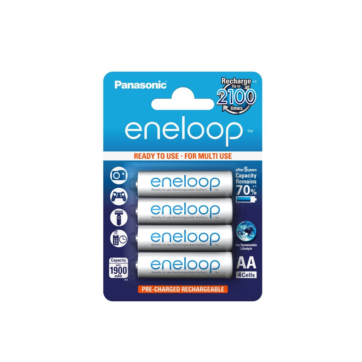 Panasonic Eneloop AA HR06 Ni-Mh Rechargeable Batteries 1900mAh Capacity Ready to Use - 4 Pack