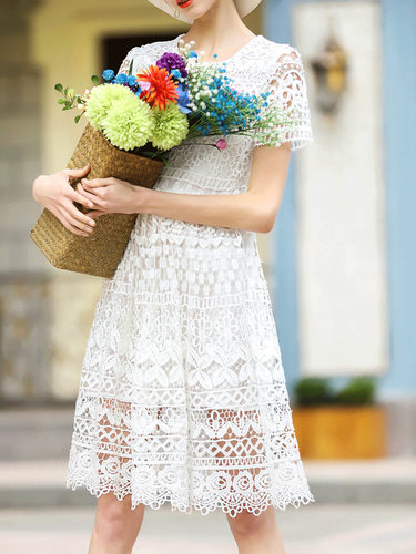 Short Sleeve Pierced Girly Cotton-blend Midi Dress