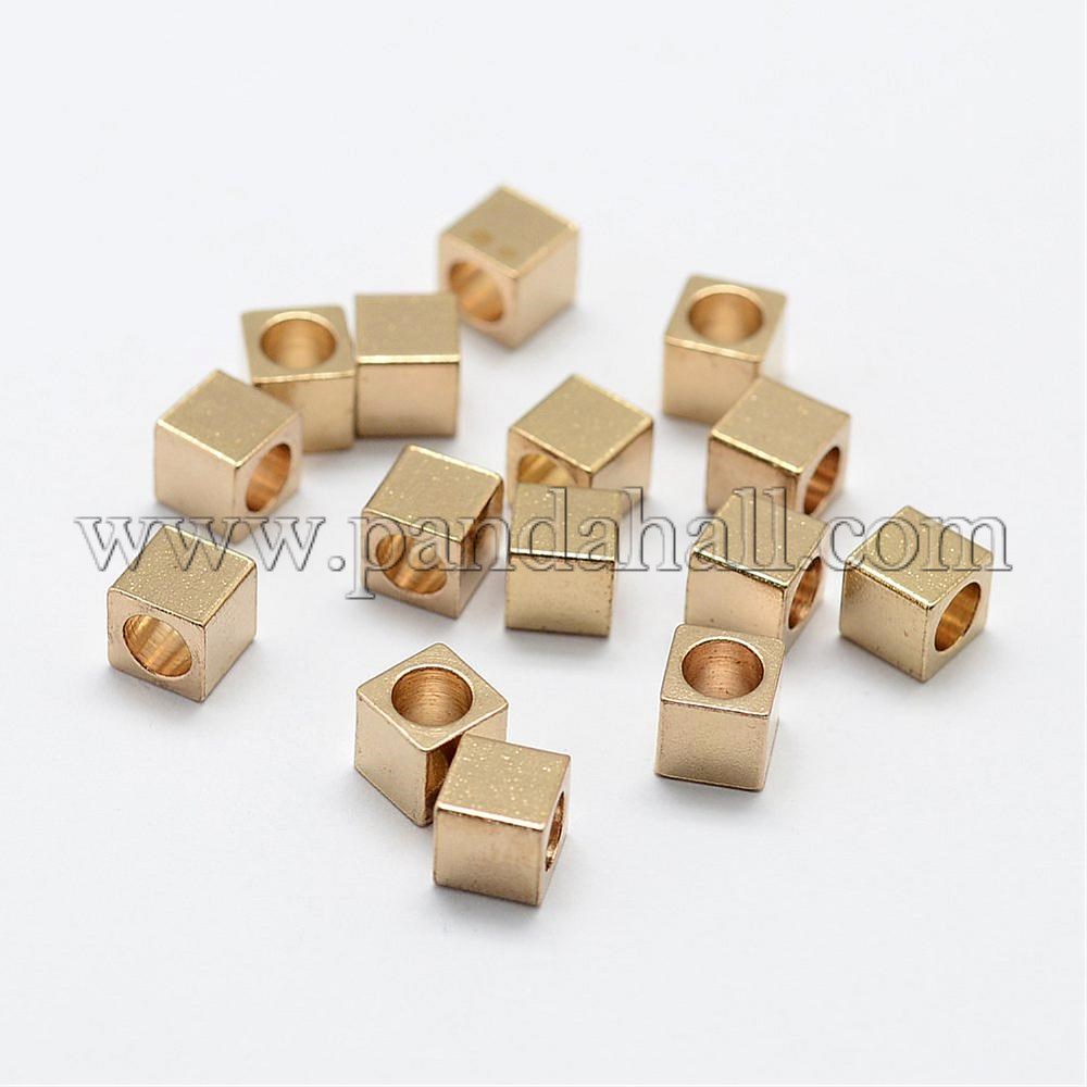 Brass Bead Spacers, Nickel Free, Cube, Unplated, 4x4mm, Hole: 2mm