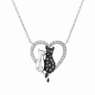 Crystal Couple Cats Heart Pendant Necklace
