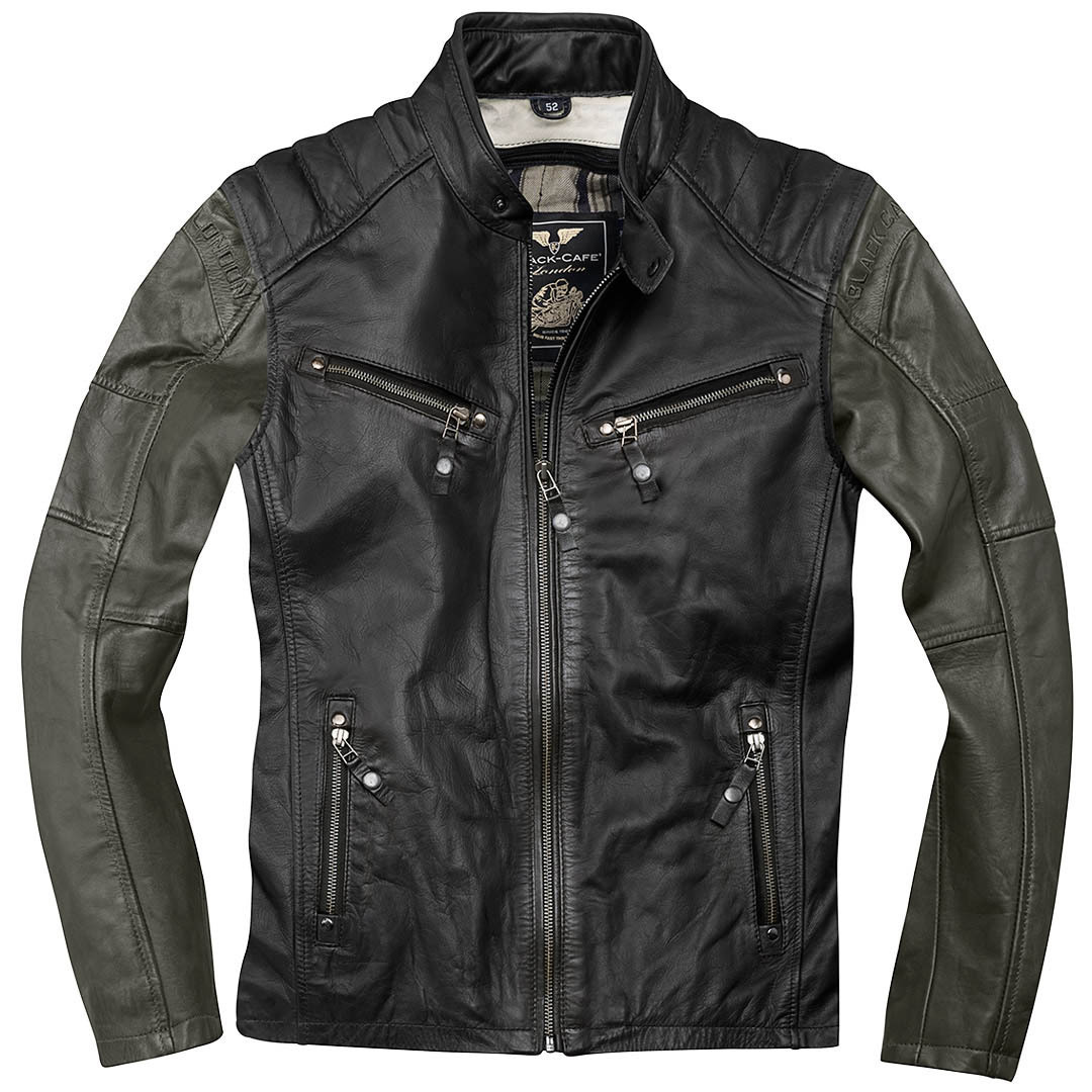 Black-Cafe London Firenze Motorcycle Leather Jacket, black-green, Size 52, black-green, Size 52