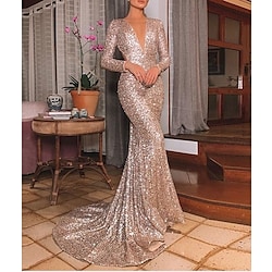Mermaid / Trumpet Beautiful Back Sparkle Party Wear Formal Evening Birthday Dress V Neck Long Sleeve Sweep / Brush Train Sequined with Sequin 2022 Lightinthebox