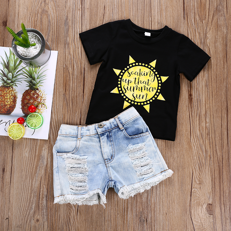 Baby / Toddler Letter Print Sun Tee and Ripped Denim Shorts Set