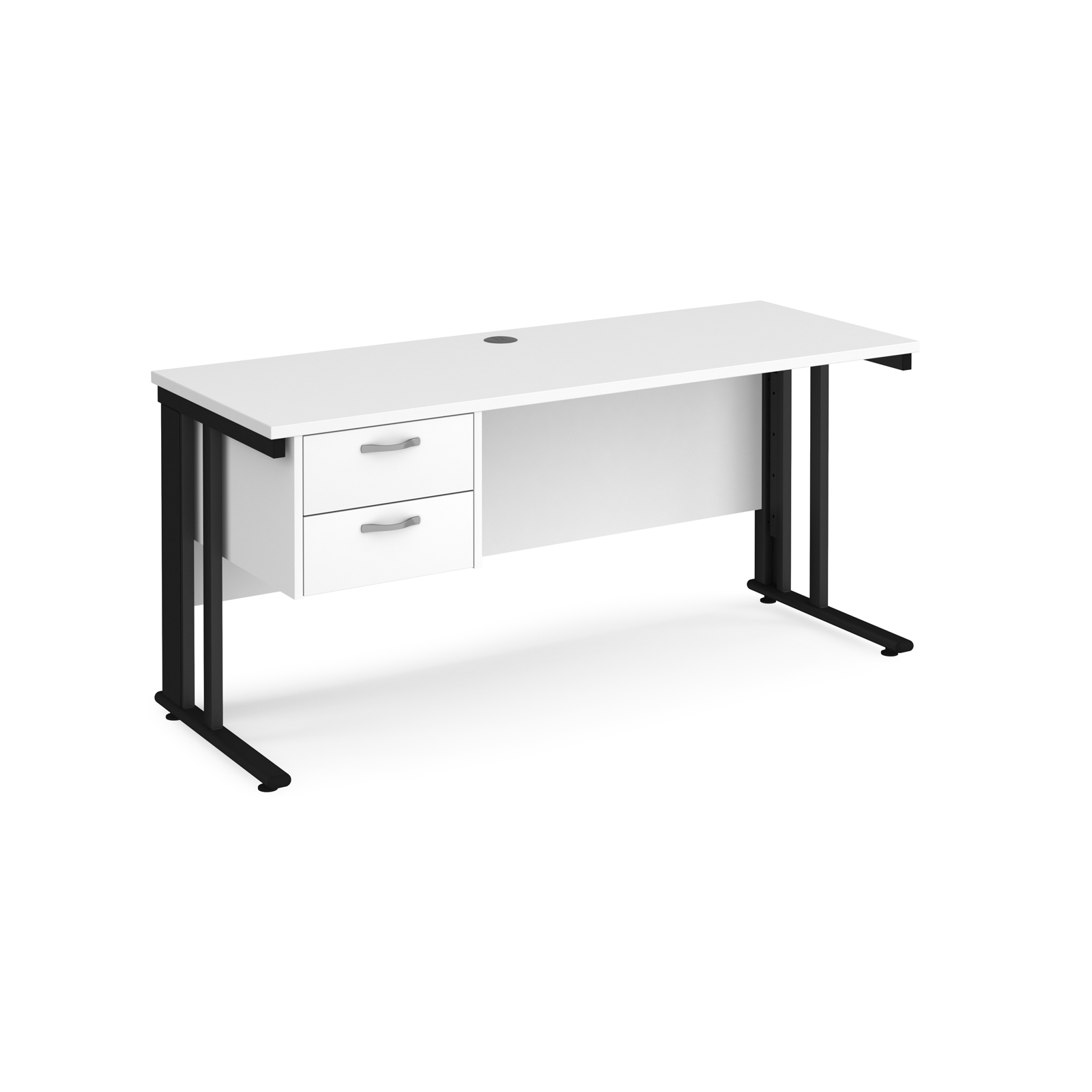 Maestro 25 straight desk 1600mm x 600mm with 2 drawer pedestal - black cable managed leg frame, white top