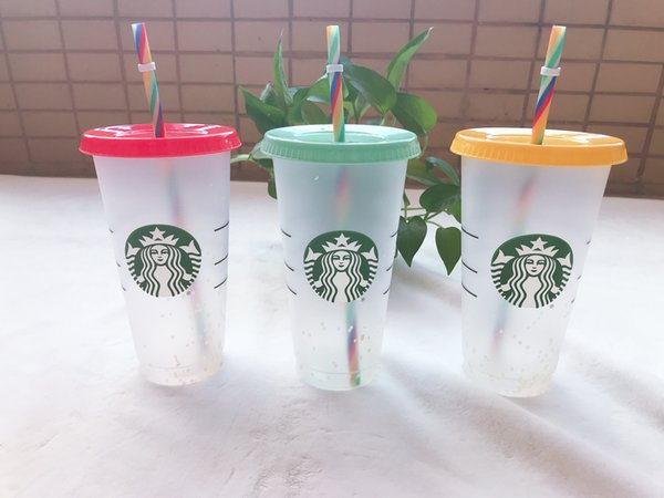 Starbucks 24OZ/710ml mug Cold color changing rainbow cup The rainbow cup Reusable Drinking Flat Bottom Cup Pillar Shape Lid Straw Mug Bardian 100pcs DHL Shipping
