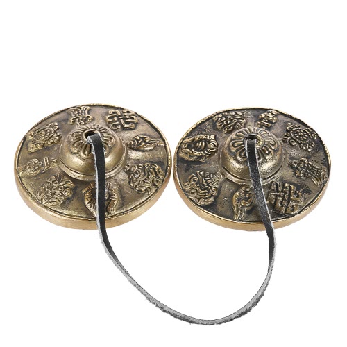 2.6in / 6.5cm Méditation tibétaine artisanale Tingsha Cymbal Bell avec bouddhiste Les huit symboles époustouflants