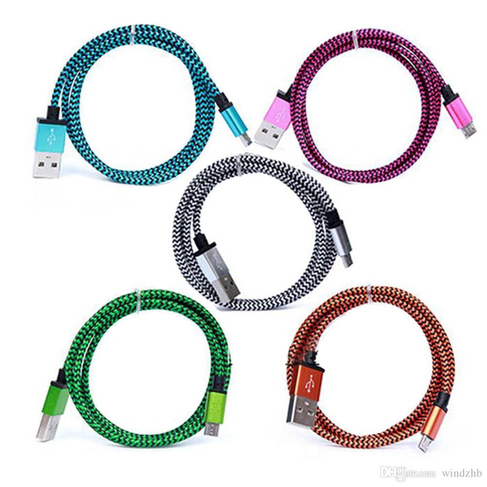 Micro USB Metal Head Cable Braided Fabric Knit Snake Skin Weave Data Charger Fast Charging Cord Color Changing For Smartphone 1M 3FT 2M 6FT