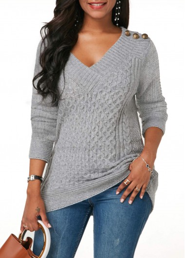 Button Detail Cable Knit Grey V Neck Sweater