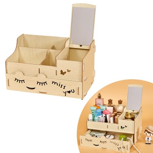 Wood Makeup Organizer Case with Mirror Desktop Multi Slots Storage Holder for Jewlry Cosmetic Supplies