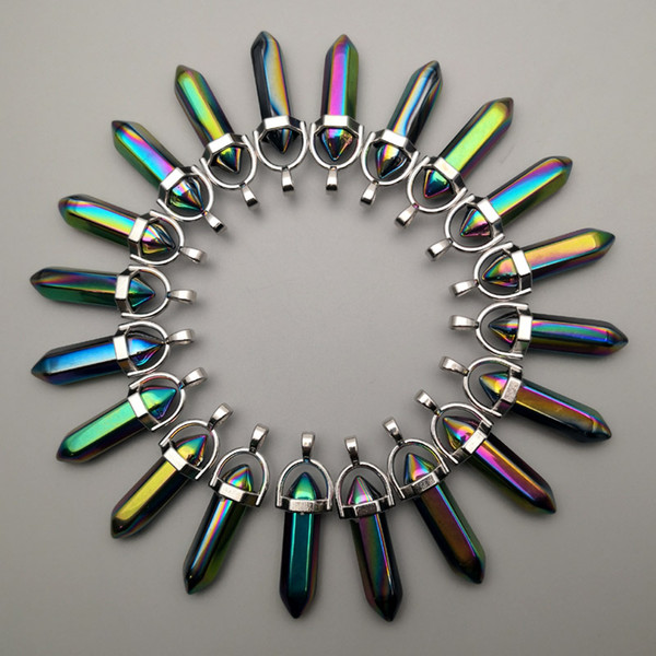 fashion 24pcs /lot charm rainbow colourful glass pendants for jewelry making hexagonal pillar healing reiki chakra wholesale