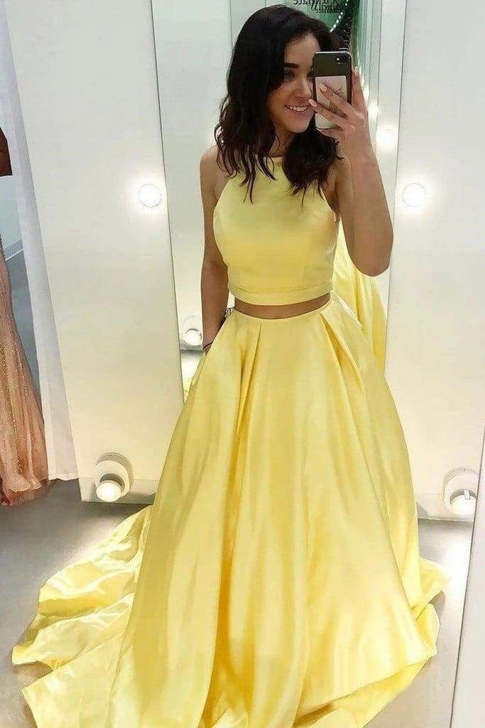 Two Piece Yellow Satin Elegant Red Ball Gown Prom Dress