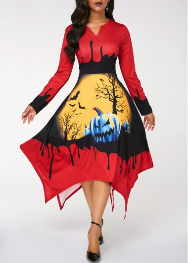 Pumpkin Print Asymmetric Hem Halloween Dress