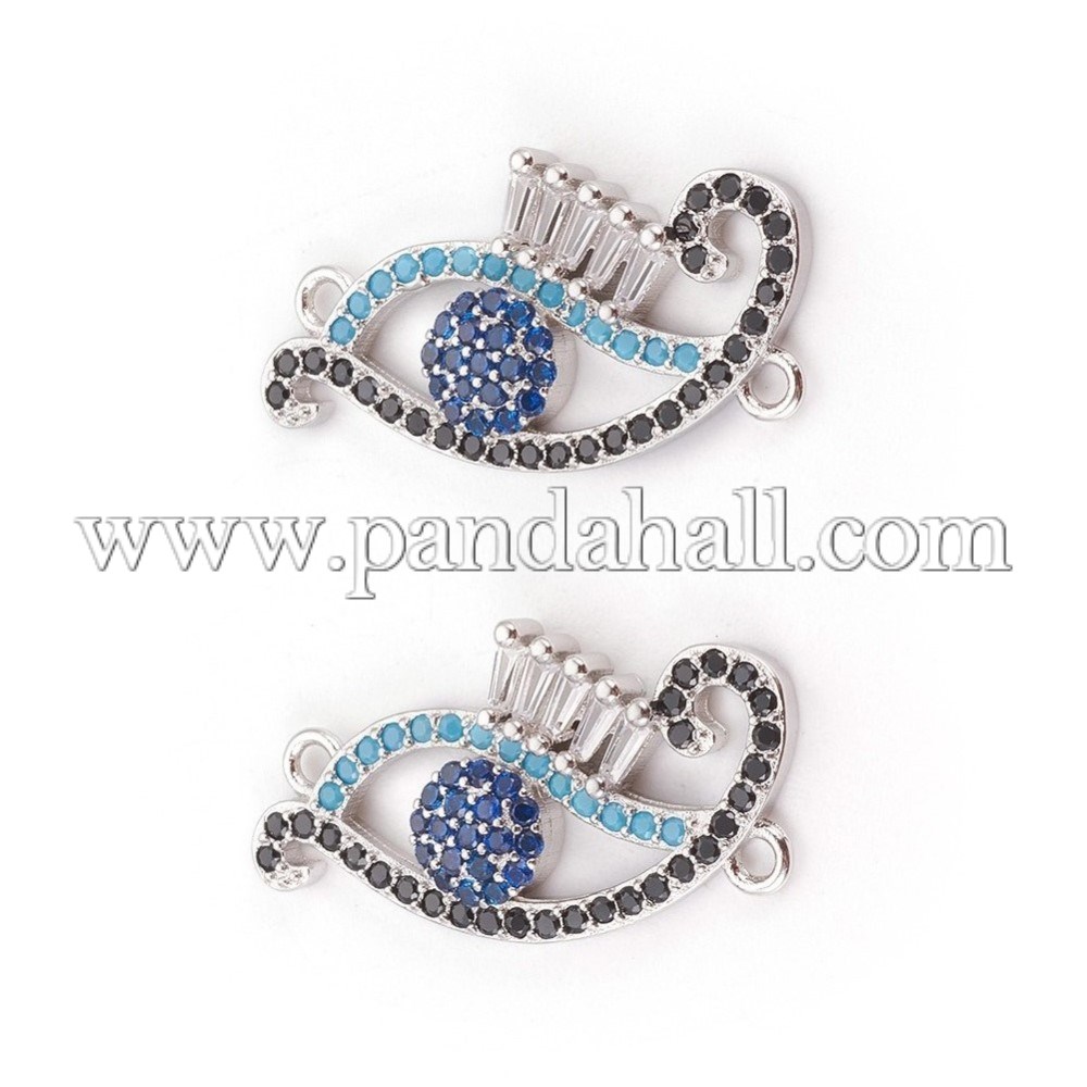 Brass Links, with Micro Pave Cubic Zirconia, Eyes, Colorful, Platinum, 27x14x3mm, Hole: 1.5mm