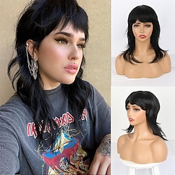 70s 80s Short Mullet Wig Pixie Cut Wig for Black Women Shaggy Layered Messy Black Wolf Haircut Wig With Bangs Straight Layered Wolf Cut for Women 14inch Daily Party Cosplay Use(Black) Lightinthebox