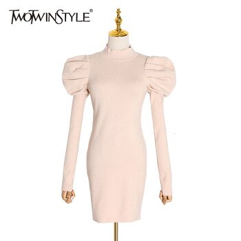 TWOTWINSTYLE Knitting Ruched Women's Dresses Turtleneck Puff Long Sleeve Slim Casual Dress For Female Clothing Fashion 2019 Tide