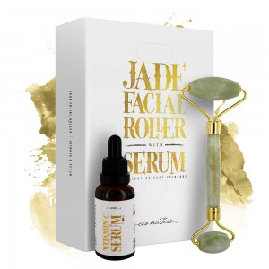 Eco Masters Jade Facial Roller With Serum - 1x Jade Roller + 30ml Vitamin C Serum With Hyaluronic Acid - Green Jade Face Roller