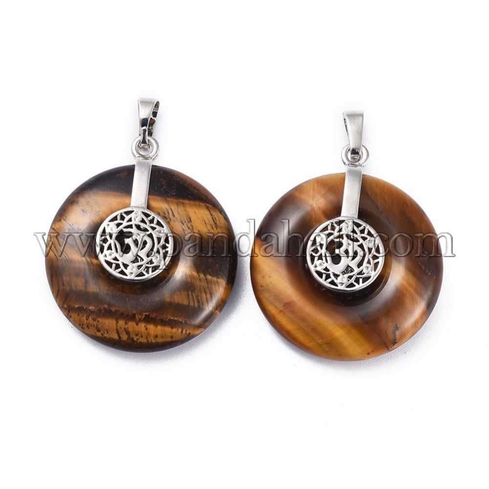 Natural Tiger Eye Pendants, with Platinum Tone Brass Findings, Donut/Pi Disc with Ohm/Aum, 35.5x30x8.5~9.5mm, Hole: 4.5x6.5mm