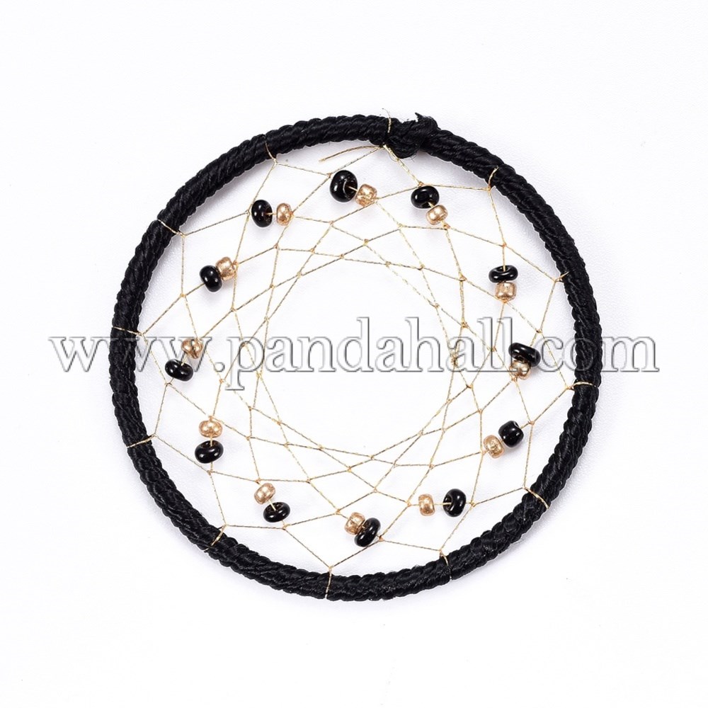 Iron Woven Net/Web Pendants, with Nylon Cord, Polyester Thread and Seed Beads, For Woven Net/Web with Feather Making, Black, 46x2~3mm