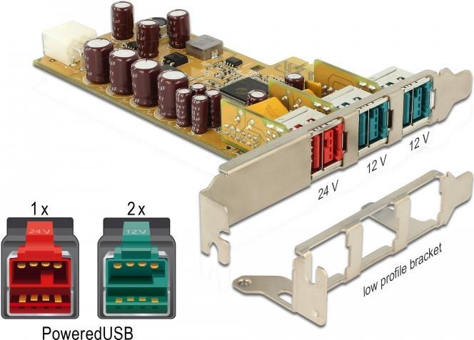 DeLock - USB-Adapter - PCIe 1.1 - PoweredUSB 2.0 (12 V) x 2 + PoweredUSB 2.0 (24 V) x 1