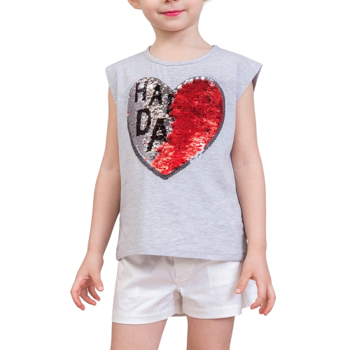 Filles T-shirts Mignon Paillettes en forme de coeur Coton Été Sans Manches Casual Enfants Tops Vêtements pour Enfants Gris 3T