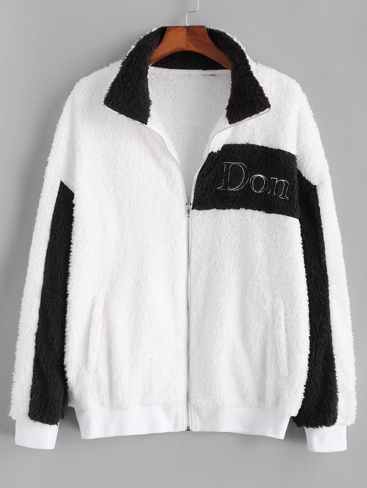 Don't Embroidery Two Tone Fluffy Jacket Xl White