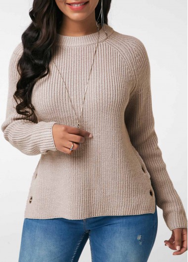 Side Slit Button Embellished Long Sleeve Sweater