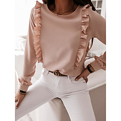 Women's Blouse Shirt Plain Ruffle Button Round Neck Basic Streetwear Tops Blushing Pink Black White Lightinthebox