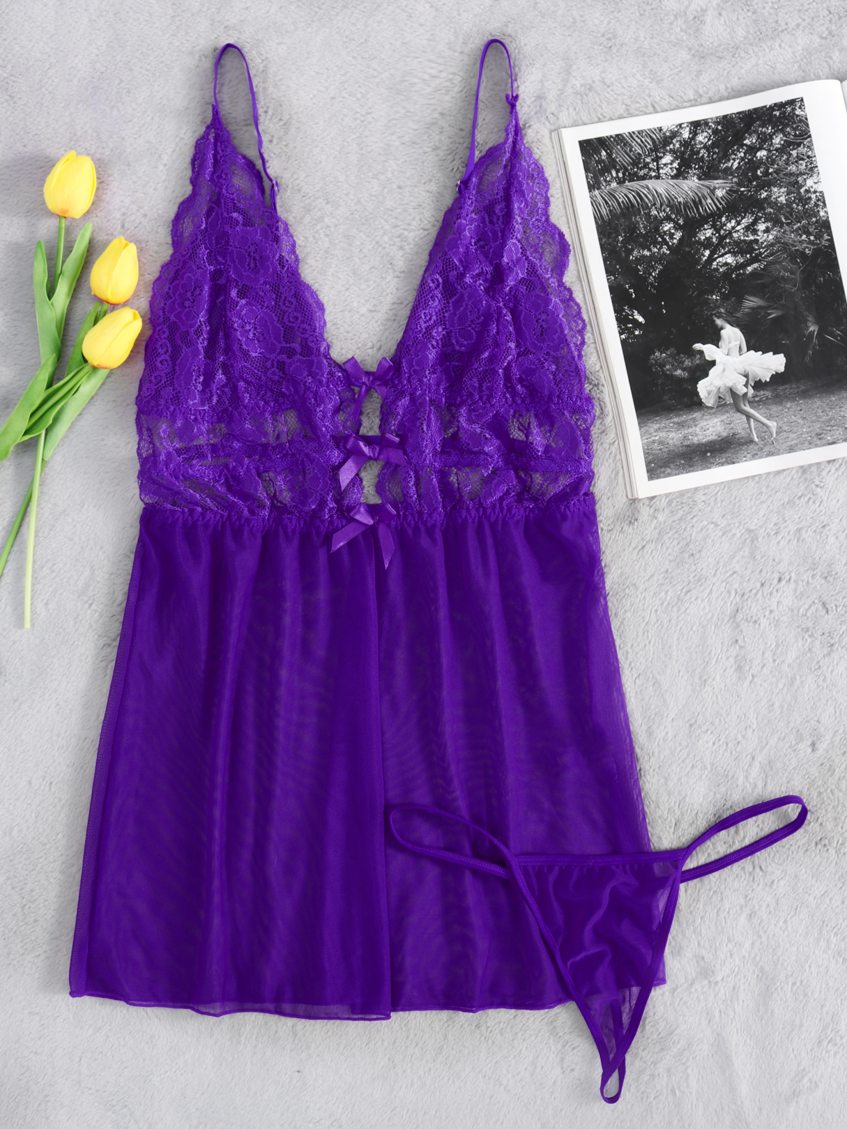 Purple Sexy Cross Strap Lace Detail Pajamas with T-Back