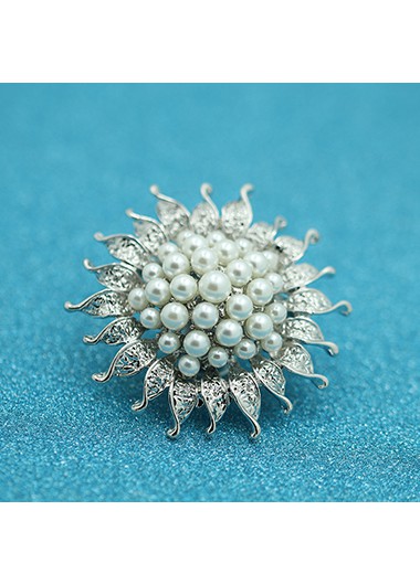 Sunflower Design Silver Metal Pearl Decorated Brooch
