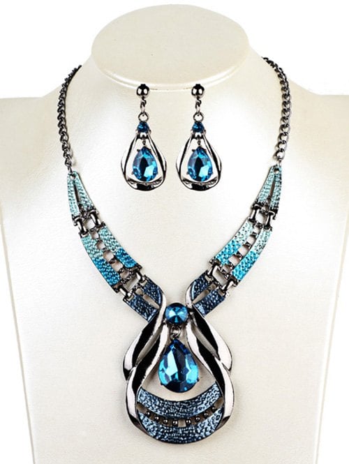 Hollow Out Water Drop Shape Embellished Faux Sapphire Jewelry Set