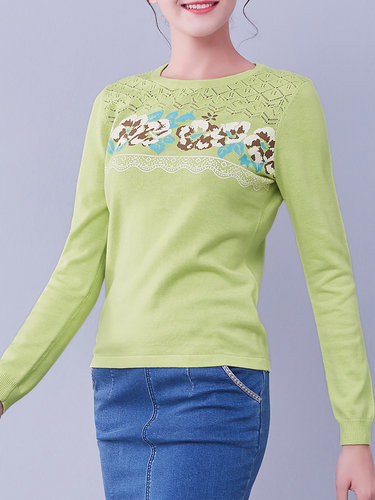 Light Green Casual Crew Neck H-line Floral Printed Sweater