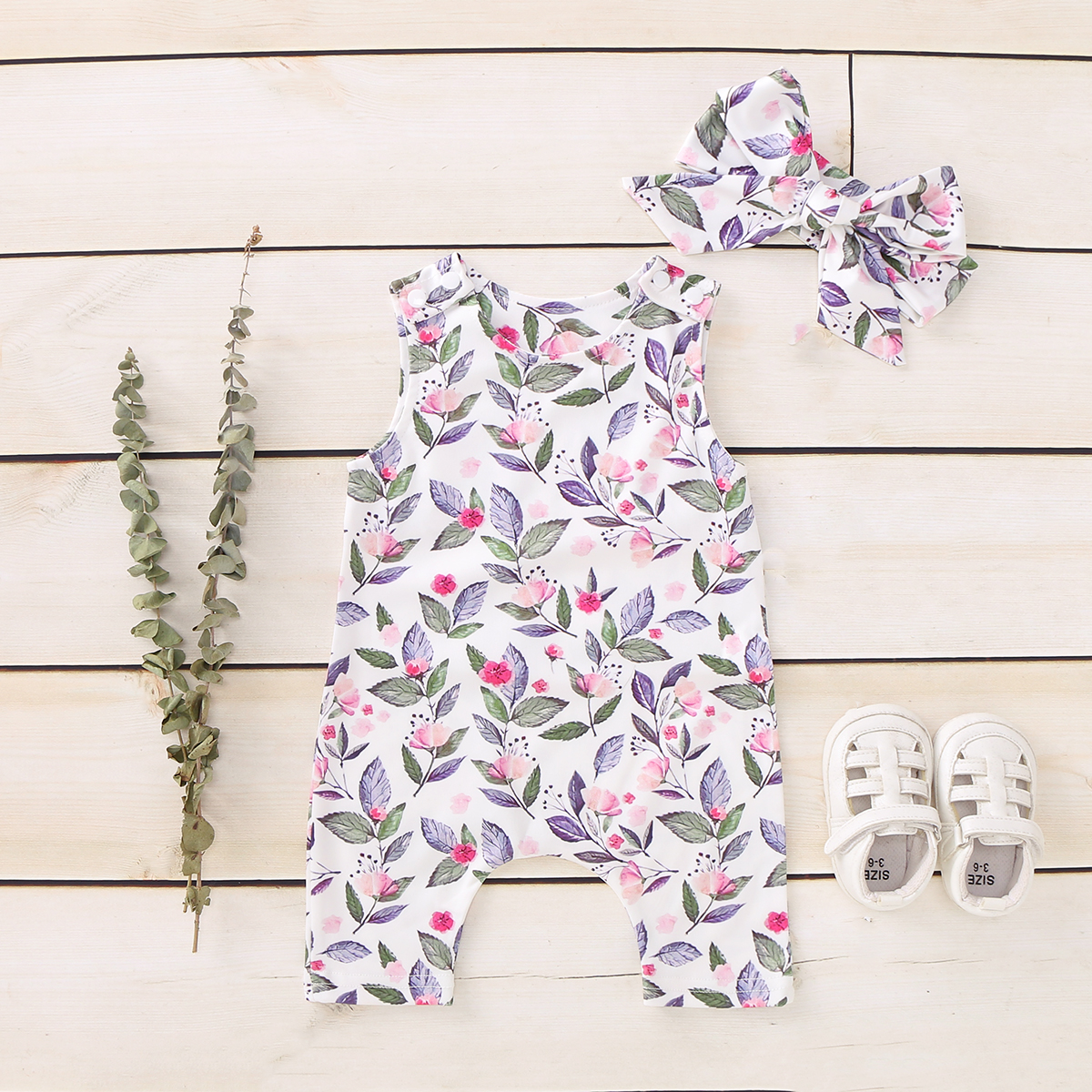 Baby Floral Print Jumpsuit and Headband