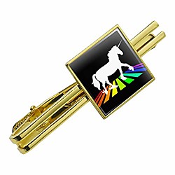 unicorn crossing rainbow square tie bar clip clasp tack gold color