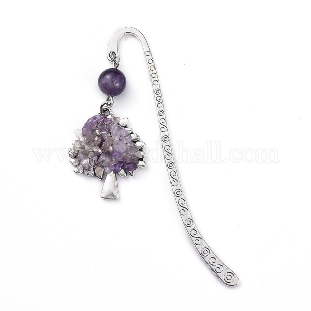 Tibetan Style Alloy Bookmarks, with Alloy Pendants and Natural Amethyst Beads, Tree, 84mm; Pendant: 28x23.5x6mm