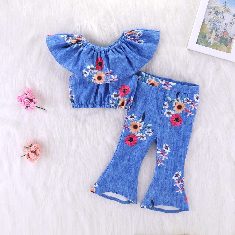 Baby / Toddler Girl Floral Denim Flounced Sleeveless Top and Pants Set