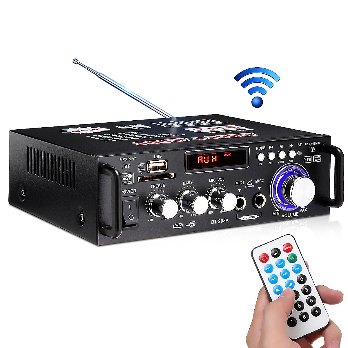 BT-298A110V 12V HIFI Bass Car Audio Stereo Power Amplifier bluetooth FM Radio 2CH 600W LED Diaplay Support FM AUX SD For